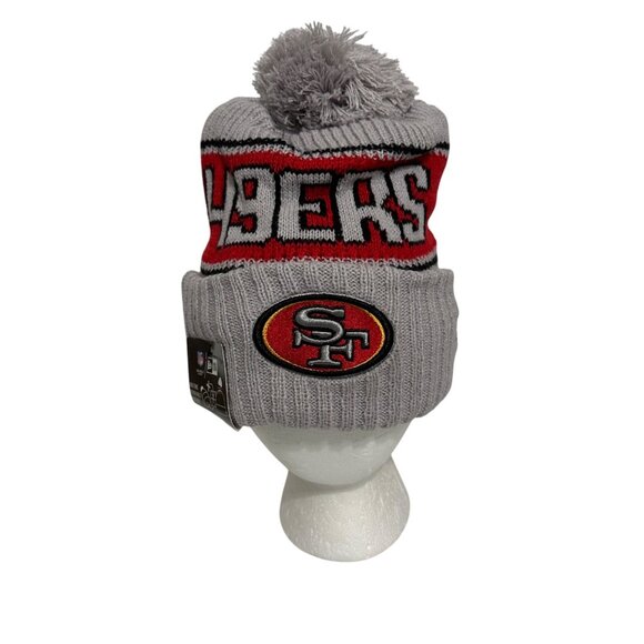 San Francisco 49ers New Era NFL Removeable Pom Knit Beanie Hat Gray Red Football - Picture 3 of 8
